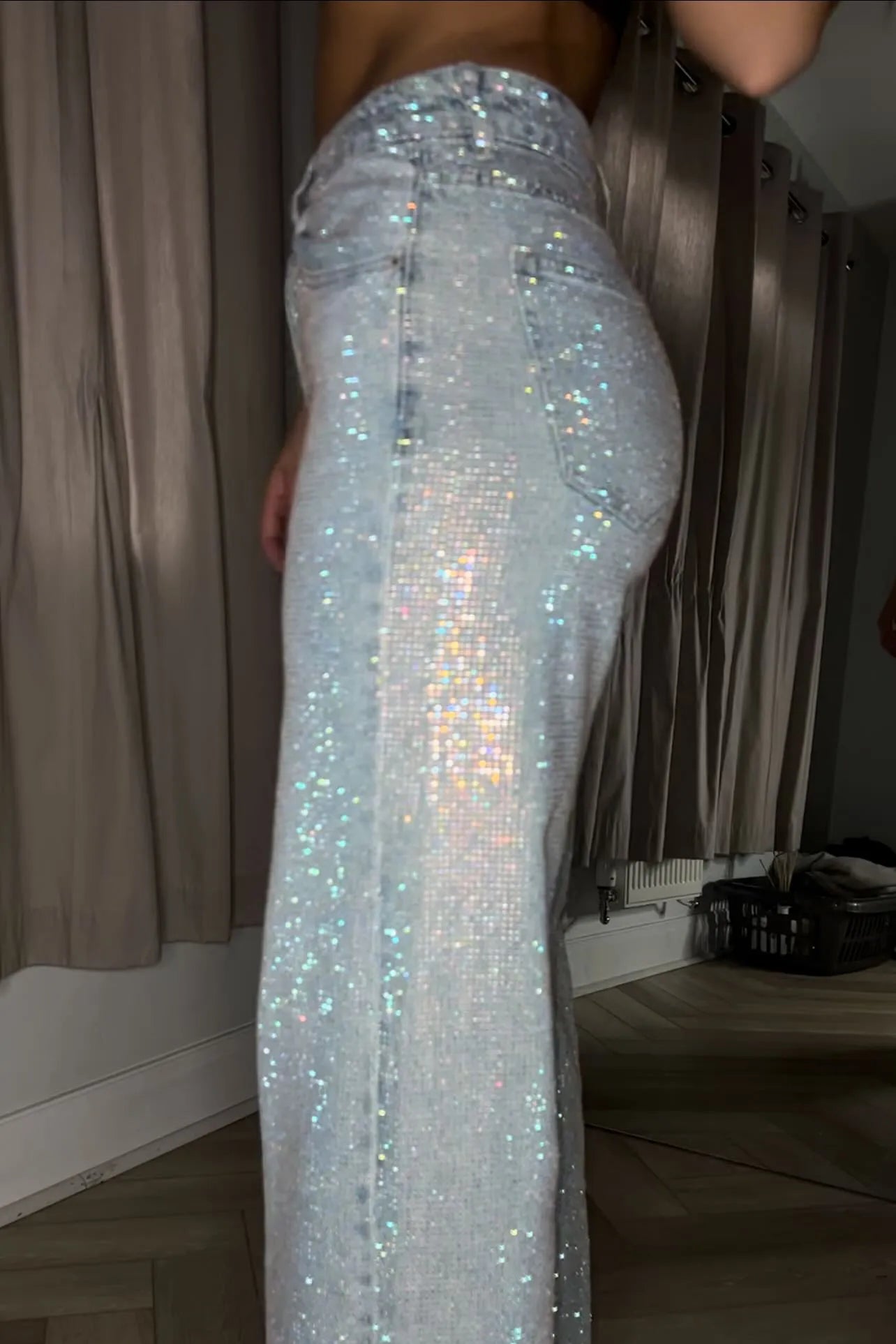 Rhinestone Washed Wide Leg Jeans