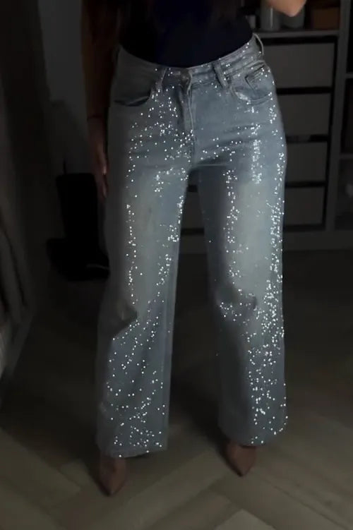 Rhinestone Washed Wide Leg Jeans