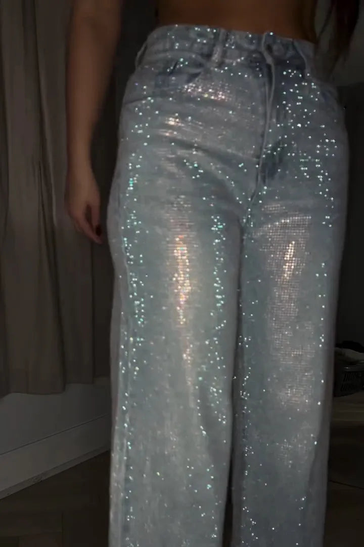 Rhinestone Washed Wide Leg Jeans