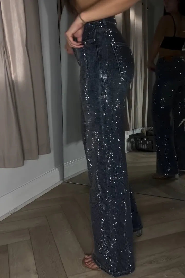 Rhinestone Washed Wide Leg Jeans