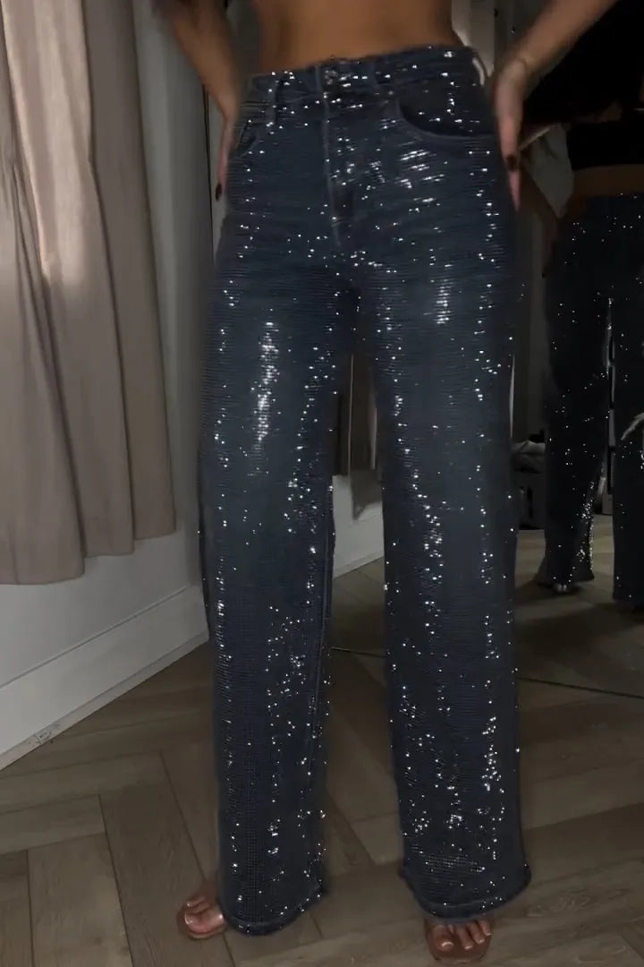Rhinestone Washed Wide Leg Jeans