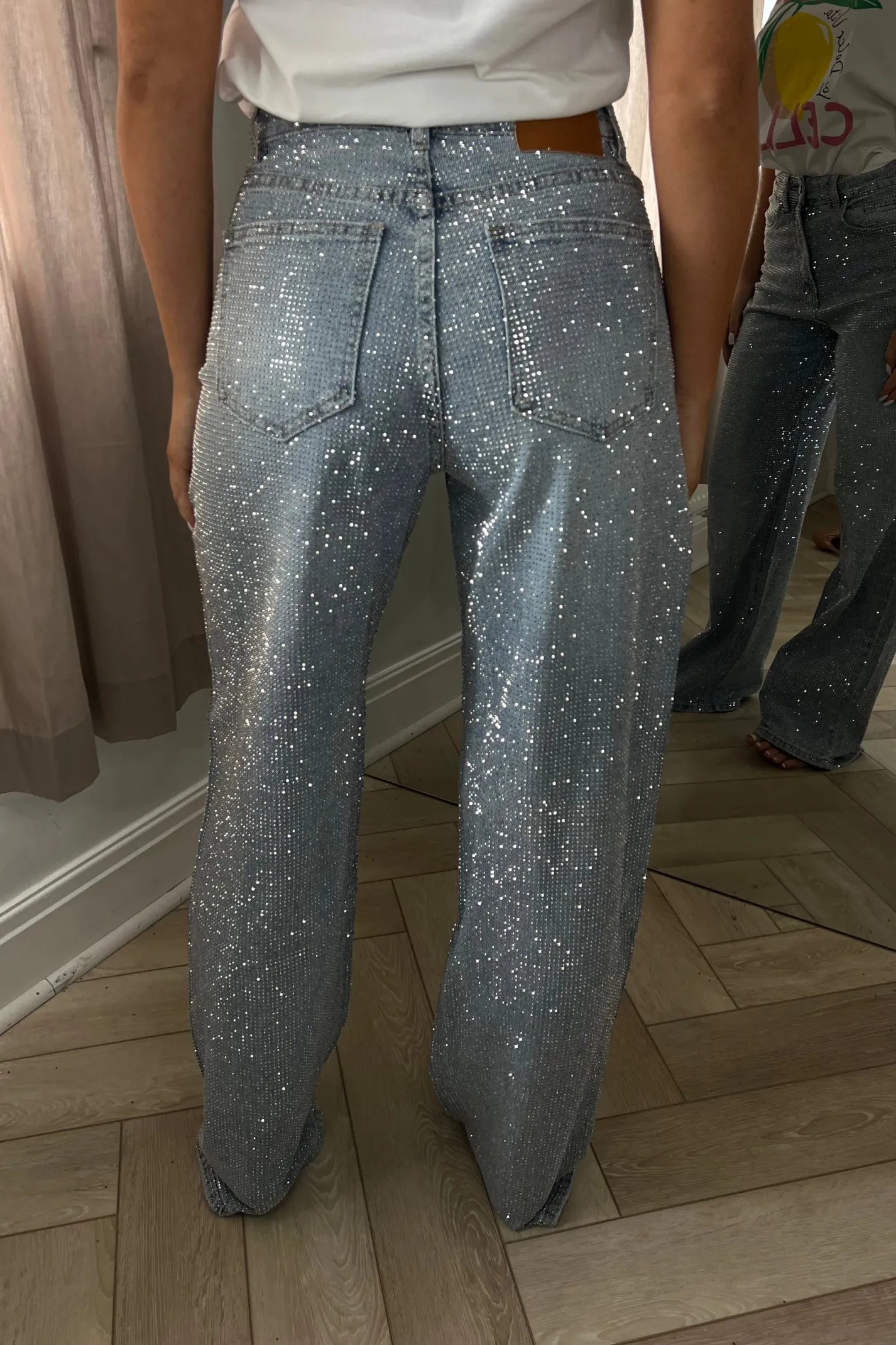 Rhinestone Washed Wide Leg Jeans