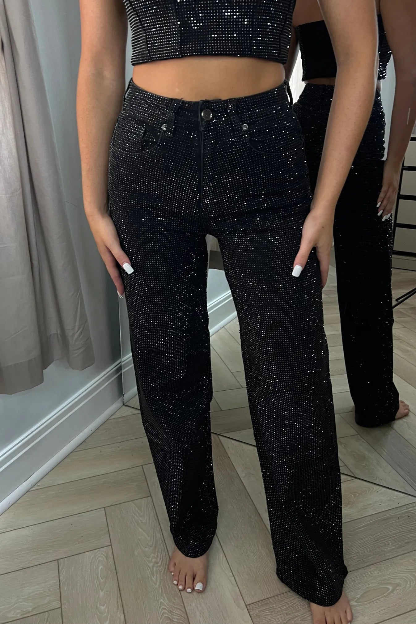 Rhinestone Washed Wide Leg Jeans
