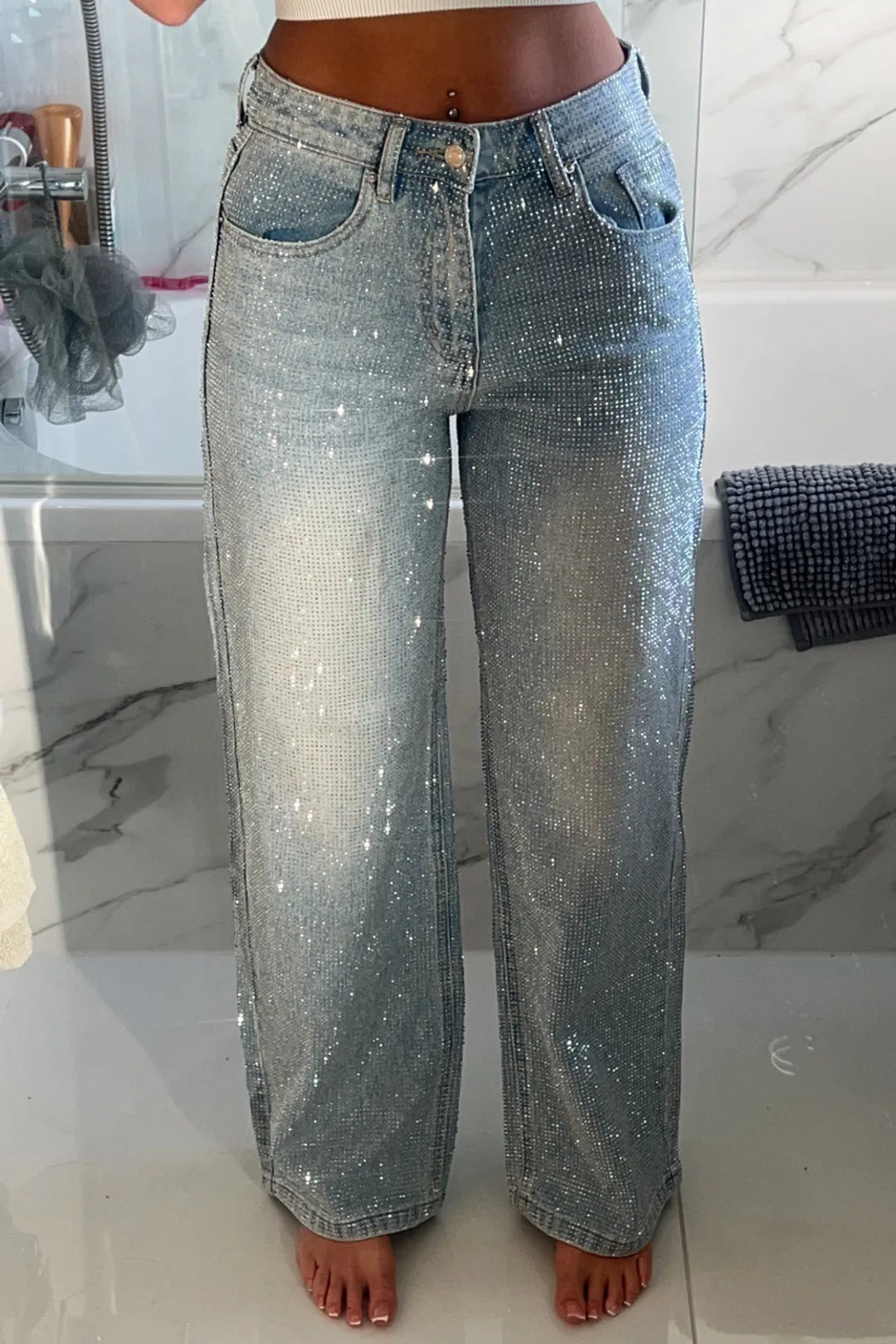 Rhinestone Washed Wide Leg Jeans