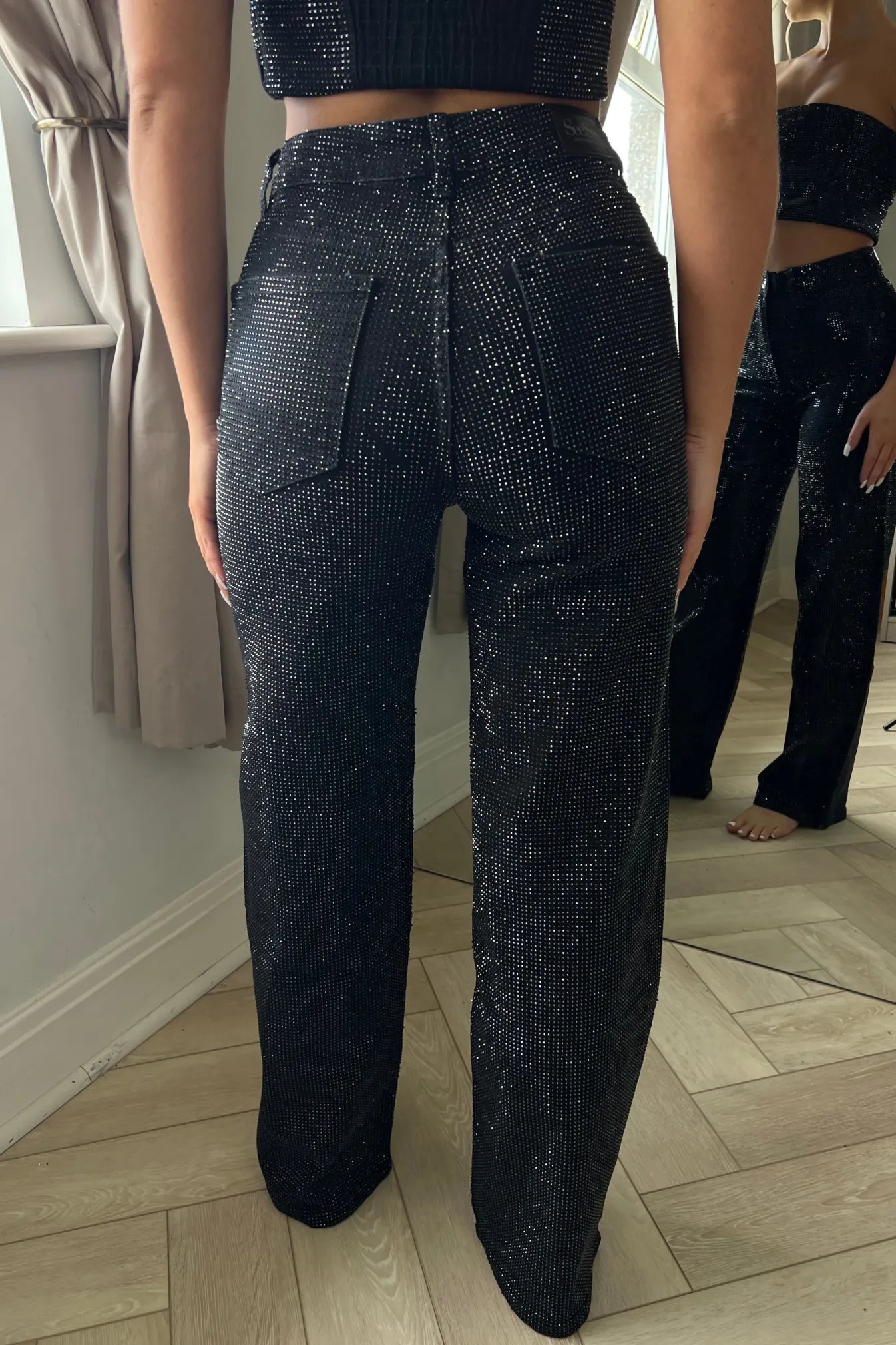 Rhinestone Washed Wide Leg Jeans